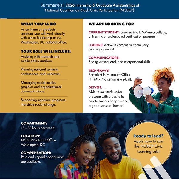 Shape the Future of Civic Power:  Summer/Fall 2026 Internship & Graduate Assistantships at NCBCP